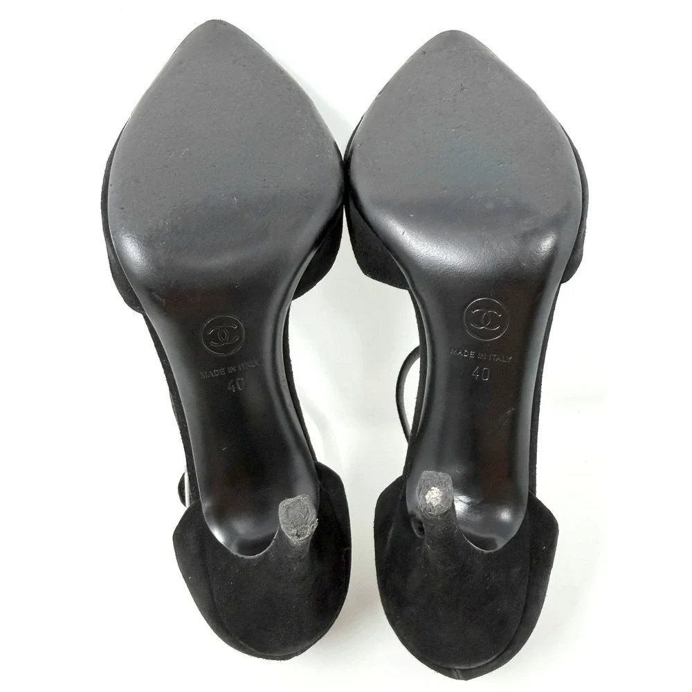 Chanel Black Suede Patent Cap Toe T-Strap Pumps CC Logo Heels 40